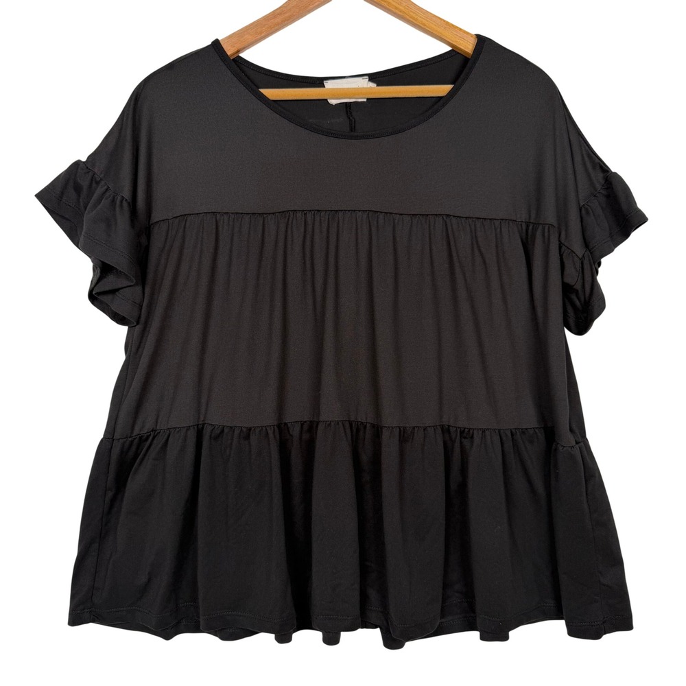 Babydoll Top Women Size M Black Tiered Ruffle Short Sleeve Blouse CWTT5237